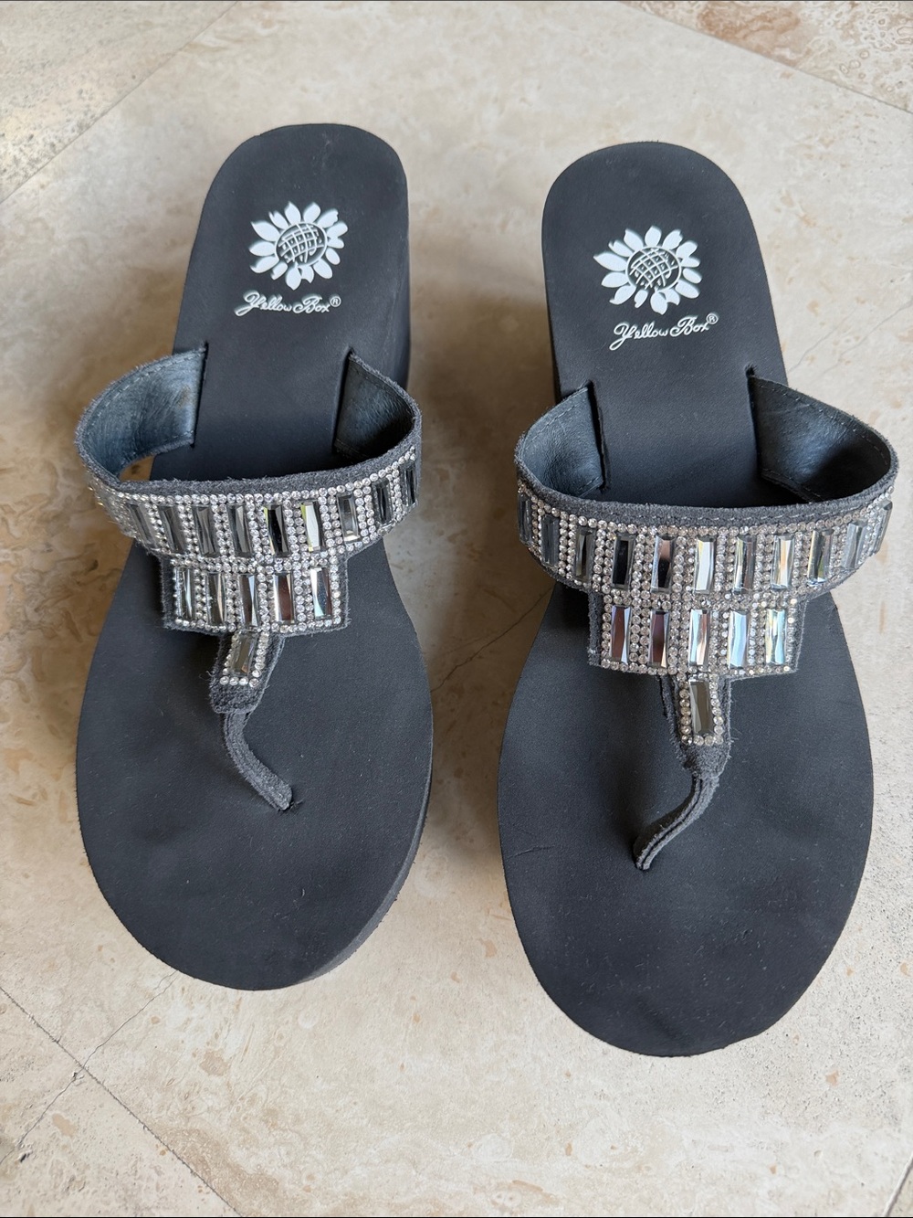 Yellow Box Gray Jeweled Wedge Thong Sandals